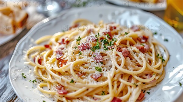 Creamy spaghetti carbonara topped with parmesan, bacon bits, and parsley, ai generated, AI