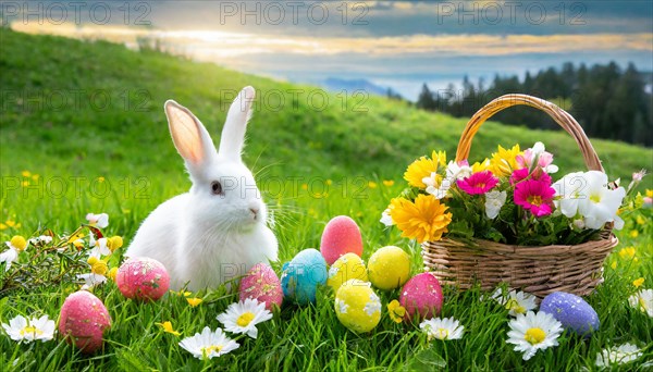 Ai generated, An Easter basket with coloured eggs in a meadow with colourful flowers, in the basket