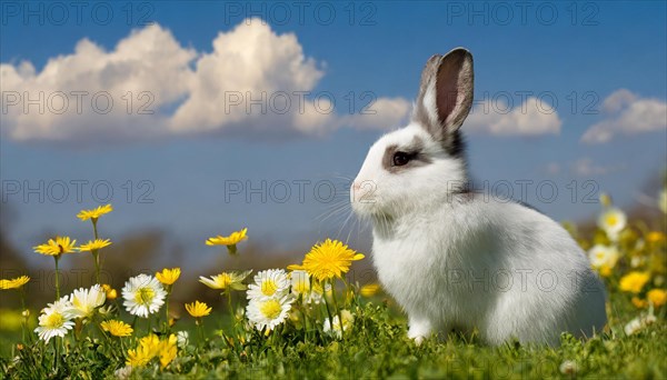 KI generated, A grey and white dwarf rabbit in a meadow with white and yellow flowers, spring, side