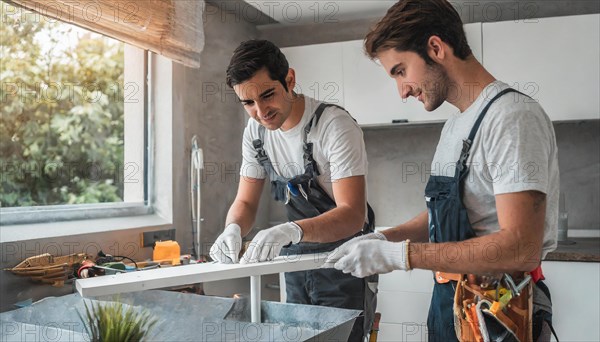 Ki generated, Two young men assemble furniture, DIY, wear gloves to protect hands from splinters