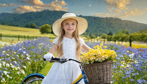 KI generated, A blonde girl rides her bike and enjoys the summer in a meadow with many flowers,
