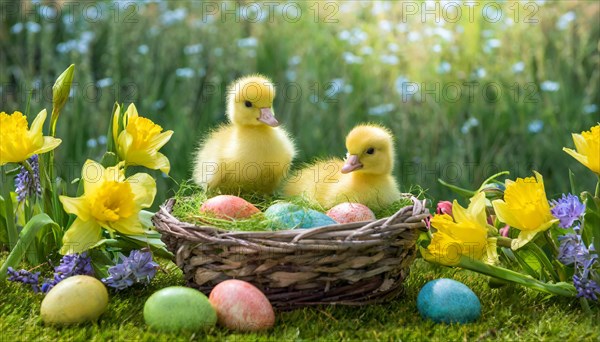 Ai generated, An Easter basket with coloured eggs in a meadow with colourful flowers, two goslings