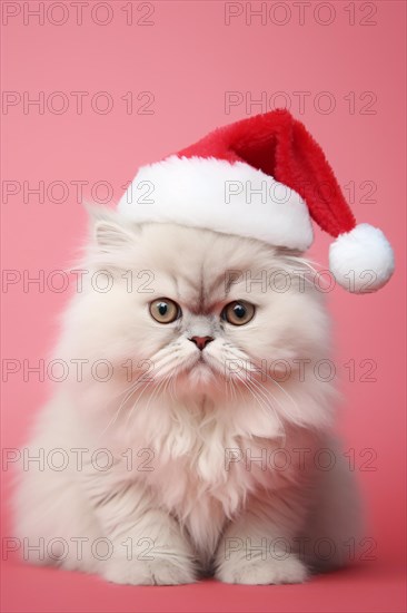 White Persian cat with red Christmas Santa hat in front of pink studio background. rae dunn rice,