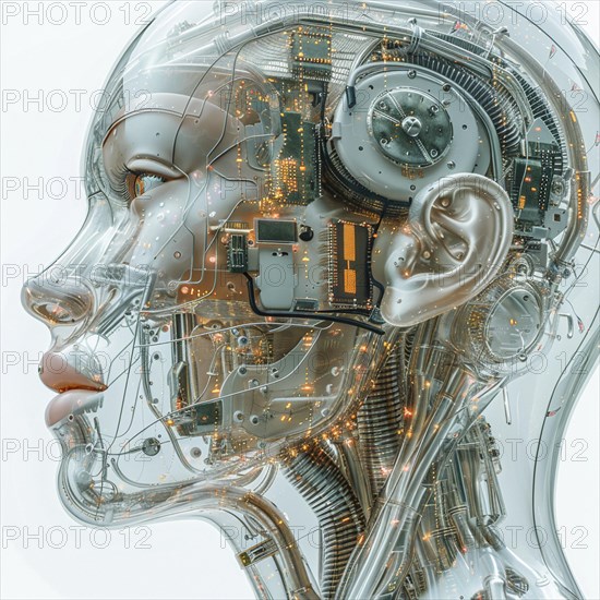 Medical a human head with brain and computer chip, symbol image KI in the human brain, ai