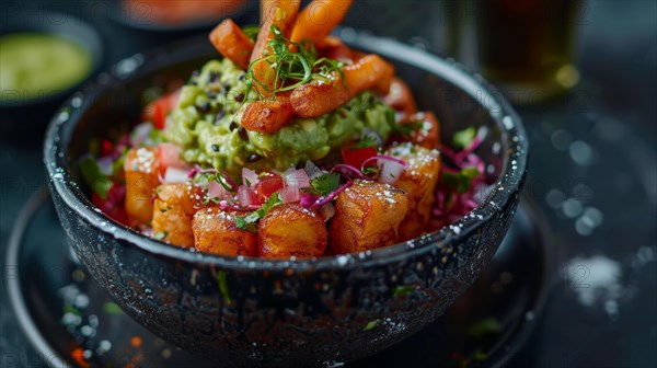 Tasty Mexican snack with seasoned fries topped with guacamole and pico de gallo, ai generated, AI