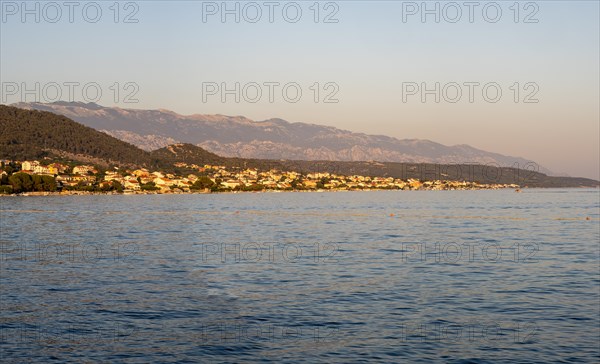 Evening light over a bay near the town of Rab, panoramic shot, island of Rab, Kvarner Gulf Bay,