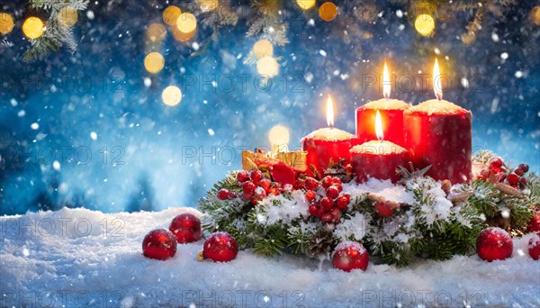 Ai generated, Advent wreath with burning candles, Christmas season, Christmas decoration, 4th