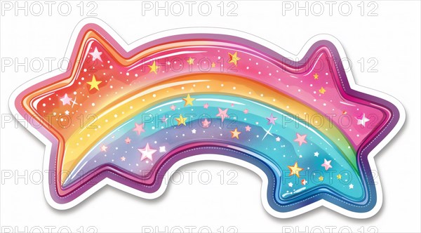 Vibrant sticker of a stylized shooting star with a rainbow trail and glittering stars, ai