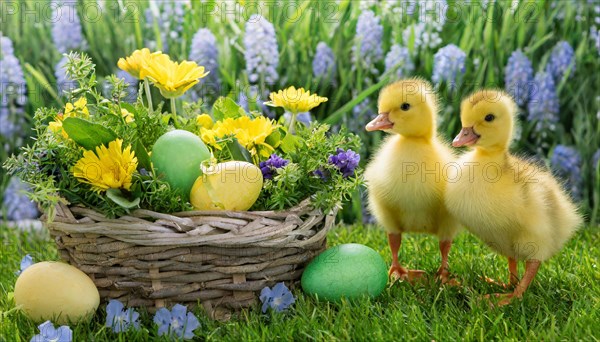 Ai generated, An Easter basket with coloured eggs in a meadow with colourful flowers, two goslings