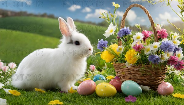 Ai generated, An Easter basket with coloured eggs in a meadow with colourful flowers, in the basket