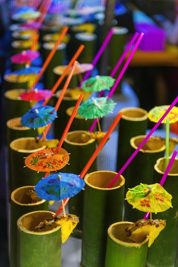 Cocktails in bamboo tubes at the evening market of Krabi, drink, colourful, colourful, decoration,