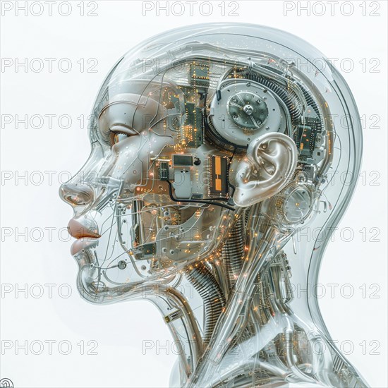 Medical a human head with brain and computer chip, symbol image KI in the human brain, ai