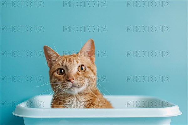 Domestic cat sitting in white litter box on blue studio background. KI generiert, generiert AI