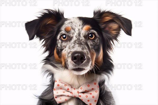 Portrait of Australian Shepherd dog with bowtie on white background. KI generiert, generiert AI