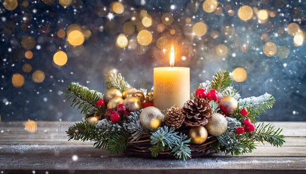 Ai generated, Advent wreath with burning candles, Christmas time, Christmas decoration, 1st Advent,