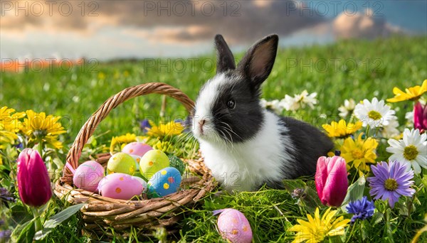 Ai generated, An Easter basket with coloured eggs in a meadow with colourful flowers, in the basket
