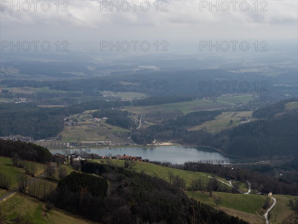 View of the Stubenbergsee lake and the East Styrian hills, Berg Kulm, Puch bei Weiz, East Styria,