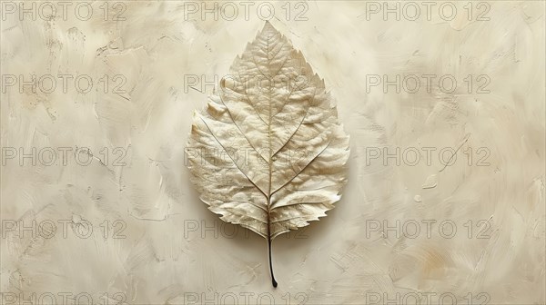 A beige, bas-relief style leaf imprint with intricate textures against a textured background, ai