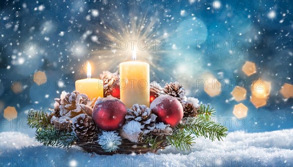 Ai generated, Advent wreath with burning candles, Christmas time, Christmas decoration, 2nd Advent,