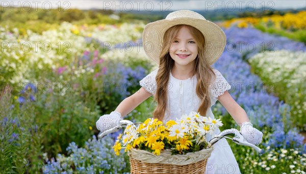 KI generated, A blonde girl rides her bike and enjoys the summer in a meadow with many flowers,
