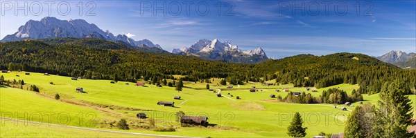 Humpback meadows between Mittenwald and Kruen, Werdenfelser Land, behind it the Zugspitze, 2962m,