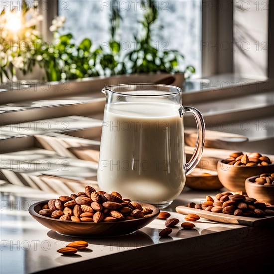Almond milk cascades into a glass backlight from a sunlit window casting a warm glow on the