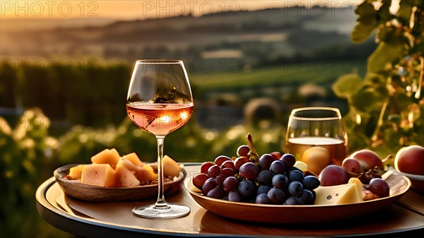 Ros wine glass showcasing its elegant curvature paired with a-diverse platter of ripe fruits, AI