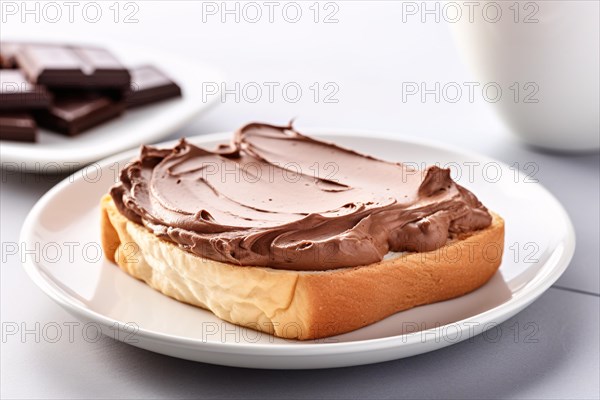 Single slice of toast bread with chocolate spread on white plate. KI generiert, generiert AI