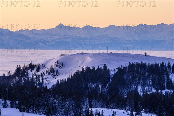 View from the Feldberg over the Herzogenhorn to the Swiss Alps, in front of sunrise,