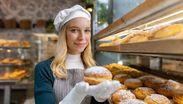 Ai generated, woman, 20, 25, years, shows, bakery, bakery shop, baquette, white bread, France,