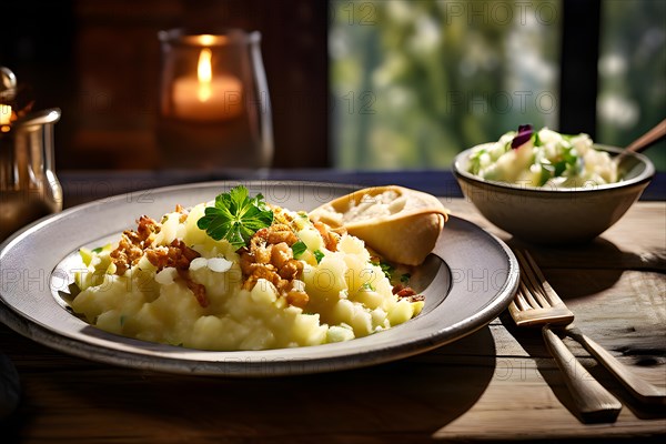 Rustic table with Maultaschen, garnished with crispy onions and a potato salad, AI generated, AI