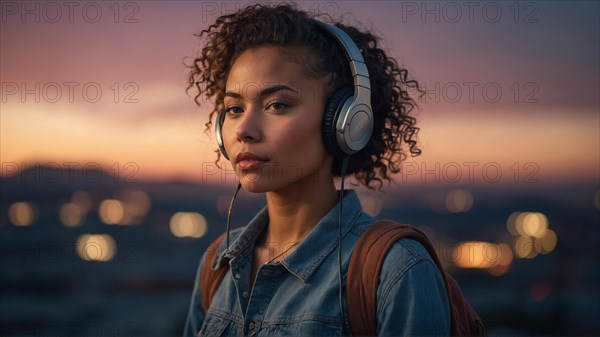 Contemplative Mixed-race curly woman in a denim jacket with headphones during evening in the city,