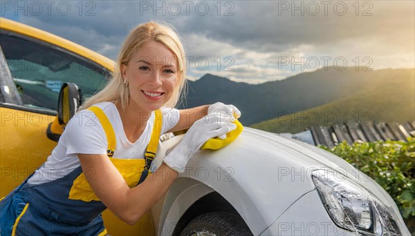 AI generated, A blonde woman washes a car by hand, silver sports car