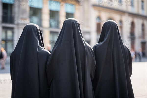 Back view of group of three women covered with black Muslim Niqab face veil in city street. KI