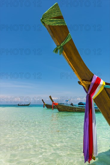 Longtail boat, fishing boat, wooden boat, decorated, tradition, traditional, faith, cloth,