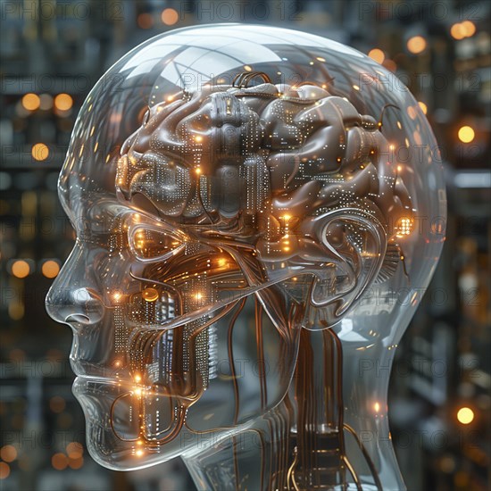Medical a human head with brain and computer chip, symbol image KI in the human brain, ai