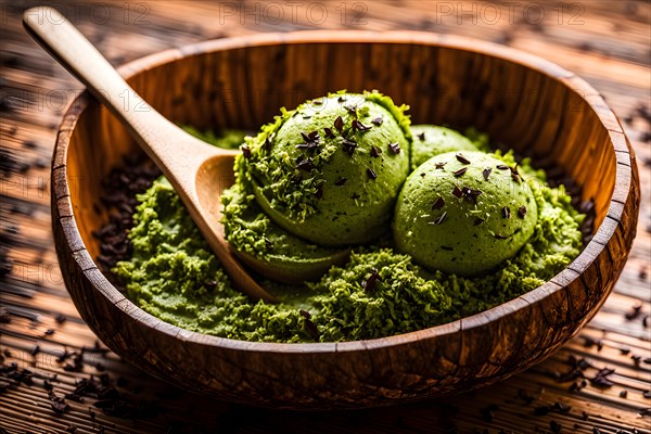 Matcha green tea ice cream nestled in a textured coconut bowl speckled with dark chocolate