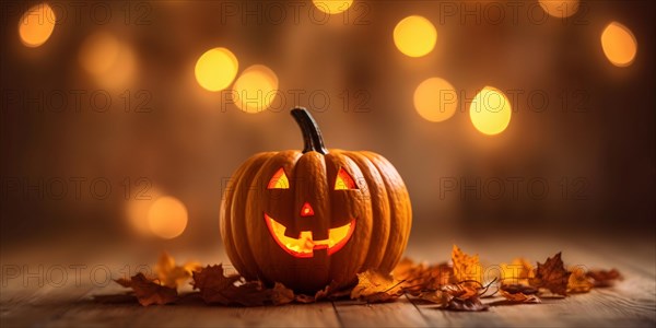 Carved Halloween pumpkin with orange autumn leaves and bokeh lights in background. KI generiert,