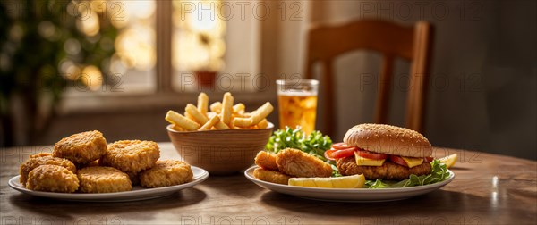 A fast-food dinner at home with a burger, fries, chicken nuggets and a soda, wide horizontal aspect