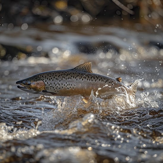 Salmon (Salmo salar) on the migration and swim up a stream in shallow, clear water, ai generiert,