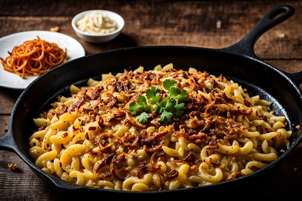 Cheese spaetzle nestled in a cast iron skillet fried onions caramelized to a golden crisp, AI
