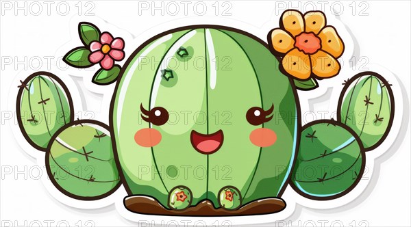 A cheerful cartoon cactus with a cute face, surrounded by colorful flowers, ai generated, AI