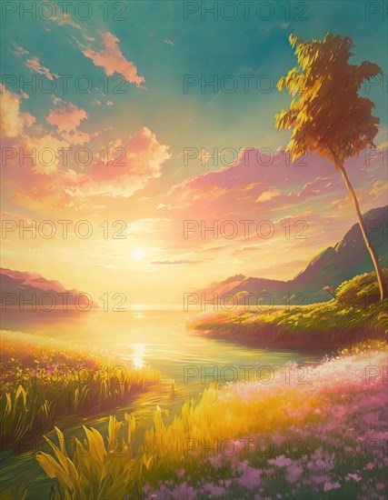 Beautiful illustration of riverside scenery, summer season in pastel colors. Blooming purple