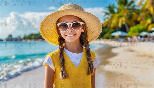KI generated, An 8 year old blonde girl with sunglasses and a straw hat is on holiday on the beach