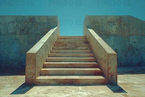 Weathered concrete staircase under a clear blue sky, creating an abstract geometric shape, AI