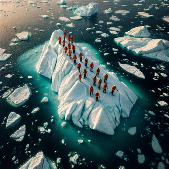 Aerial view of group people wearing yellow winter garment standing on a large block of ice in the