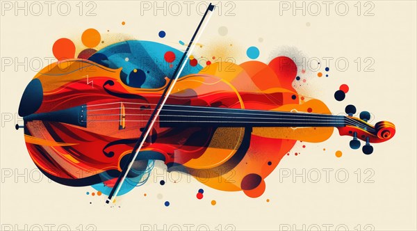 Vivid and abstract representation of a cello with blue and orange geometric shapes and curves, ai