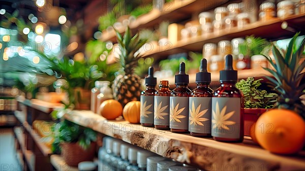 Medicinal drops extracted from hemp (cannabis) are sold in a bottle with a pipette in a drug shop,