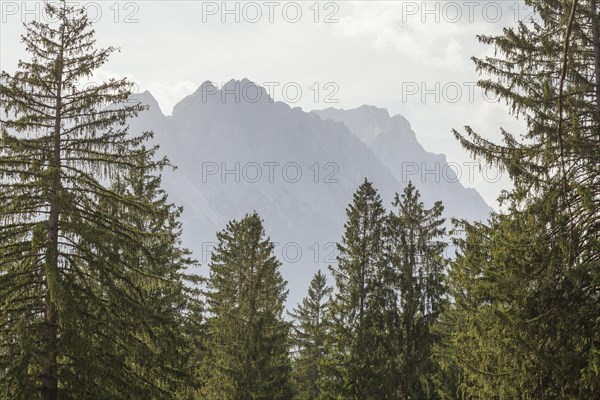 Wetterstein mountains with Zugspitze massif and forest in autumn, hiking trail Kramerplateauweg,