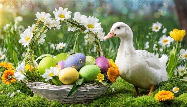 Ai generated, An Easter basket with coloured eggs in a meadow with colourful flowers, in the